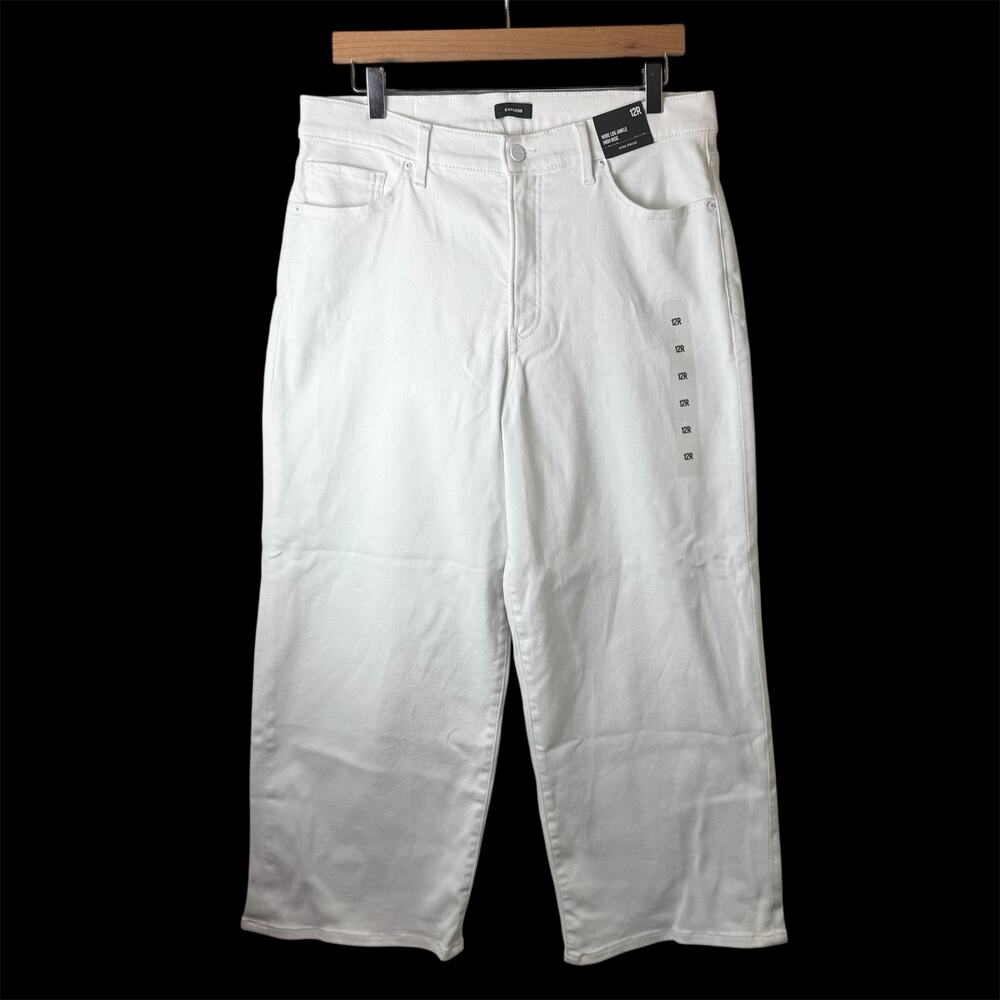 Express White Wide Leg Jeans Women's Size 12 High Rise Ankle Stretch Summer New